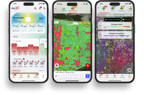 myFS Agronomy platform screenshots (L to R) iOS homepage, weed alert virtual scout, and disease map view inform in-season and postseason data-driven decision-making for corn and soybean farmers. (Photo: Business Wire)