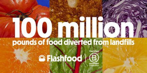 Flashfood Reaches Milestone of 100 Million Pounds Diverted from Landfill and Announces B Corp Certification. (Graphic: Business Wire)