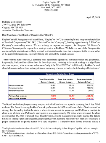 original Engine Capital Calls on Parkland Corp.’s Board of Directors to Pursue Strategic Alternatives.