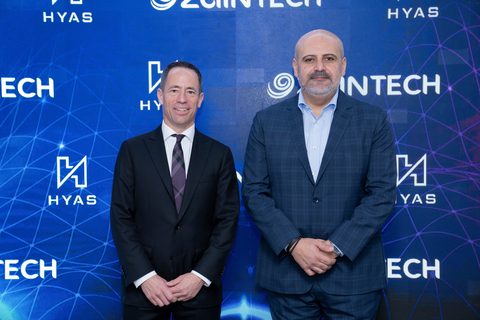 HYAS Infosec CEO David Ratner and ZaneTECH CEO Andrew Hanna sign a strategic partnership that brings new levels of cybersecurity protection and resiliency across the entire business spectrum to multiple countries across the Middle East. The HYAS adversary infrastructure platform offers unparalleled visibility, protection, and security against all kinds of malware and attacks. Through the agreement, ZaneTECH is bringing HYAS’ award-winning and industry leading Protect solution to the Region. (Photo: Business Wire)