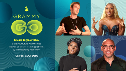 GRAMMY GO on Coursera features creators including (clockwise from top left) CIRKUT, Victoria Monét, Harvey Mason jr., and Janelle Monáe (Credit: Image courtesy of the Recording Academy)