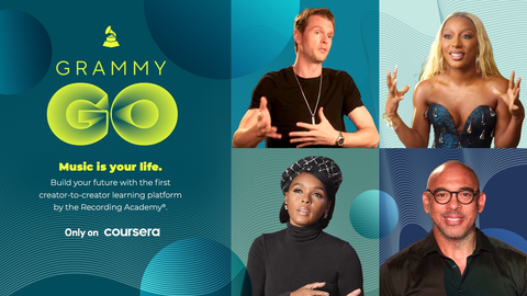 original GRAMMY GO on Coursera features creators including (clockwise from top left) CIRKUT, Victoria Monét, Harvey Mason jr., and Janelle Monáe (Credit: Image courtesy of the Recording Academy)