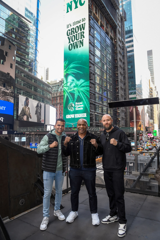 NEW YORK, NEW YORK - APRIL 20: (L-R) President of Royal Queen Seeds Shai Ramsahai, Mike Tyson and Adam Wilks attend the Royal Queen Seeds takeover of the One Times Square Billboard for 4/20 on April 20, 2024 in New York City. (Photo by Gary Gershoff/Getty Images for Royal Queen Seeds)