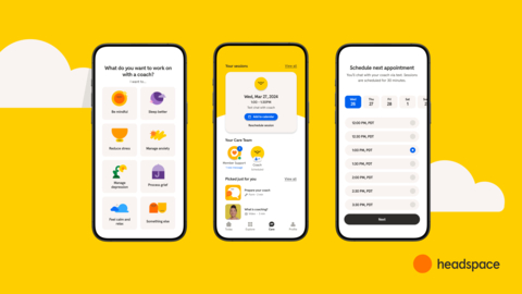 Beginning this month, U.S. consumers can sign up to access one-on-one support from a Headspace mental health coach, enabling them to tackle a wide range of life challenges. (Graphic: Business Wire)