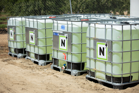 Totes of Nitricity's Climate-Smart Calcium Nitrate fertilizer. (Photo: Laura Morton)