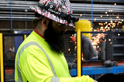 A factory worker on the Nextracker-dedicated line at JM Steel’s Leetsdale steel facility. (Photo: Nextracker)