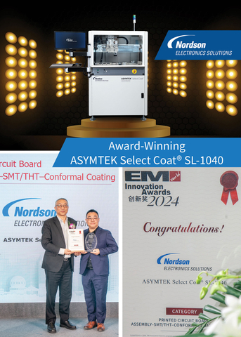 Nordson Electronics Solutions receives EM China Innovation award for the new ASYMTEK Select Coat® SL-1040 Conformal Coating System. The award was accepted by Jacky He, automotive commercial head, Nordson Electronics Solutions, China at the Productronica China 2024 tradeshow. The SL-1040 conformal coating system elevates coating performance with improved yield and uptime for automotive electronics reliability. The SL-1040 includes system-level advancements related to automation, process control, precision, and preventive maintenance for better yield and uptime, meeting the demands of electronics manufacturers for high-volume production for printed circuit assembly. (Photo: Business Wire)