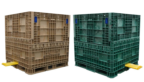 original New DuraGreen 45 x 48 x 50 Collapsible Hopper Bottom Containers are for storing and transporting small and large granular products. The beige hopper is for small granular products, and the green hopper is for large granular products. (Photo: Business Wire)