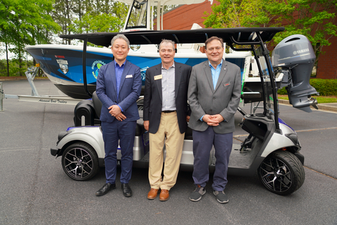 (left to right) Grant Suzuki, Chief of Technology, Yamaha U.S. Marine Business Unit, Tim Echols, Georgia Public Service Commissioner and Ben Speciale, President, Yamaha U.S. Marine Business Unit gave the first demonstration of a hydrogen-powered golf car at the Yamaha Marine Innovation Center in Kennesaw, Ga. on Friday, April 26, 2024. (Photo: Business Wire)