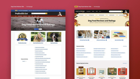 The legacy version of Dog Food Advisor (left) and the recently-launched rebrand of the site, which highlights what's most important for pet parents looking for dog food advice. (Graphic: Business Wire)