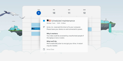 Fleet's ‘Maintenance windows’ feature analyzes each employee's calendar and finds the optimal time for updates (Graphic: Business Wire)
