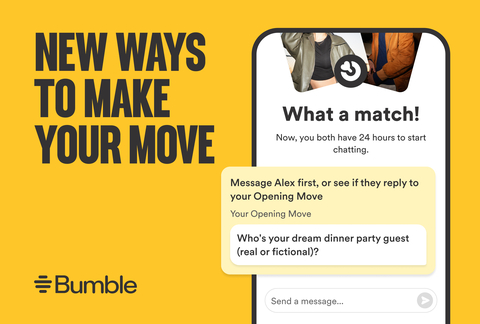 Dating app Bumble is expanding upon its signature Make The First Move functionality with the launch of Opening Moves to give women more choice in how they make romantic connections. Bumble is also introducing a fresh, new design, and making it easier to create a compelling profile to find desired matches. (Graphic: Business Wire)