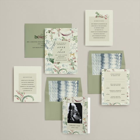 Premium design marketplace Minted announced its debut wedding stationery collaboration with The Metropolitan Museum of Art. This “Chinoiserie” wedding invitation suite was designed by Minted artist Sumak Studio and inspired by an 18th century work from the Museum collection. Inspired by: Chinoiserie, from Nouvelle Suite de Cahiers arabesques chinois a l’usage des dessinateurs et des peintres. Artist Jean Pillement, French. Etcher Anne Allen, British. 1790-99. Rogers Fund, 1921. The Metropolitan Museum of Art. (Graphic: Minted)