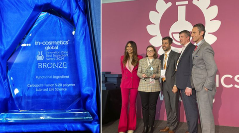 During the live in-cosmetics® Global ceremony in Paris, Carbopol® Fusion S-20 polymer was awarded a bronze Innovation Zone Best Ingredient Award (Functionals category) and Bronze in the BSB Innovation Award (Functionals category). (Photo: Business Wire)