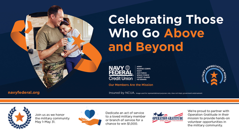 Navy Federal Credit Union is launching celebratory activities and member deals to honor Active Duty servicemembers, Veterans and their families for Military Appreciation Month. For details, visit navyfederal.org/celebrate. (Graphic: Business Wire)