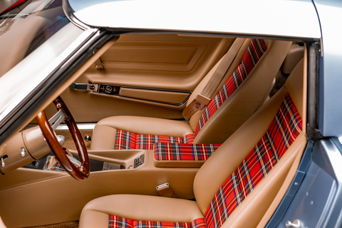 The inside of the 1975 Schwab Stingray features vintage Schwab detailing including traditional hand-stitched interior upholstery with Colonial Tartan Plaid trim. (Photo courtesy of Schwab)