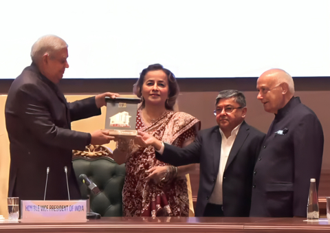 Left to Right: Hon’ble Vice President of India - Mr. Jagdeep Dhankhar, Dr. Bina Modi, with respected lawyers Mr. Jyoti Sagar and Mr. Lalit Bhasin (Photo: Business Wire)