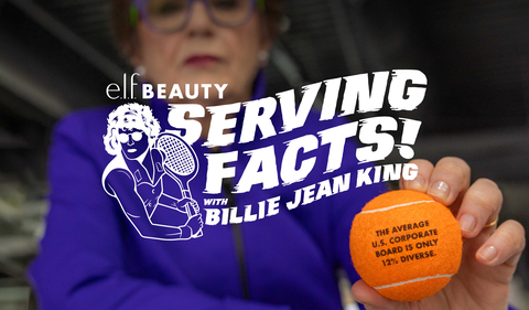 Billie Jean King serving facts for e.l.f. Beauty to Change the Board Game to support inclusivity. (Graphic: Business Wire)