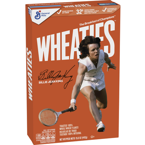 Billie Jean King makes her Wheaties Box debut celebrating her legacy as a trailblazer on and off the court with an iconic orange box. (Photo: Business Wire)