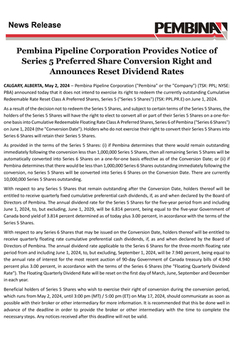 Pembina Pipeline Corporation Provides Notice of Series 5 Preferred Share Conversion Right and Announces Reset Dividend Rates