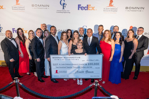 Yani and Arnaldo Bomnin and their team present their sponsorship check alongside patient Misheel during the 22nd Annual FedEx/St. Jude Angels and Stars Gala on May 4th in Miami. (Photo: Carlos Aristizabal)