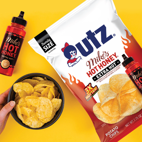 Utz® has teamed up again with Mike’s Hot Honey® to create new Utz Mike’s Hot Honey EXTRA HOT potato chips. Source: Utz Brands, Inc.