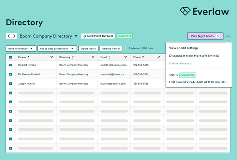 Everlaw Legal Holds includes directory integration (MSFT Azure, now Microsoft Entra ID), which automates the tracking of company employee changes, including names, phone numbers, and employment status, eliminating the need for manual directory updates for custodian information. (Graphic: Business Wire)