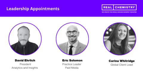 original Real Chemistry, a leading provider of AI-driven insights, marketing, and communications for the healthcare industry, has announced the appointment of three key healthcare executives to drive organizational growth and enhance client offerings. The new leadership team includes David Ehrlich as President of Analytics and Insights, Eric Solomon as Practice Leader of Paid Media, and Carina Whitridge as Global Client Lead. (Graphic: Business Wire)
