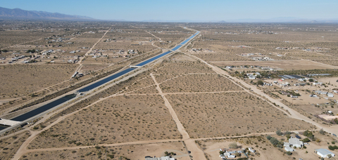 MWA’s planned recharge basin viewed from the west with the California Aqueduct on the left side. The recharge basin will help store groundwater for future supply and facilitate excess water discharge back into the State Water Project. (Photo: Business Wire)