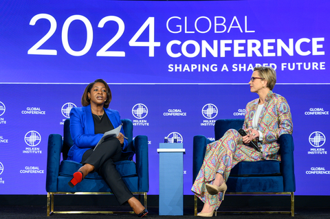Esther Krofah (left), executive vice president of Milken Institute Health, with Emma Walmsley (right), CEO of GSK, at the 2024 Milken Institute Global Conference. (Photo: Business Wire)