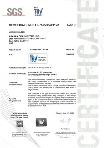 整合C-PHY及D-PHY IP的MIPI CSI-2 TX獲得ISO26262汽車安全完整性C級 (ASIL-C) 認證。（圖片來源：美國商業資訊）