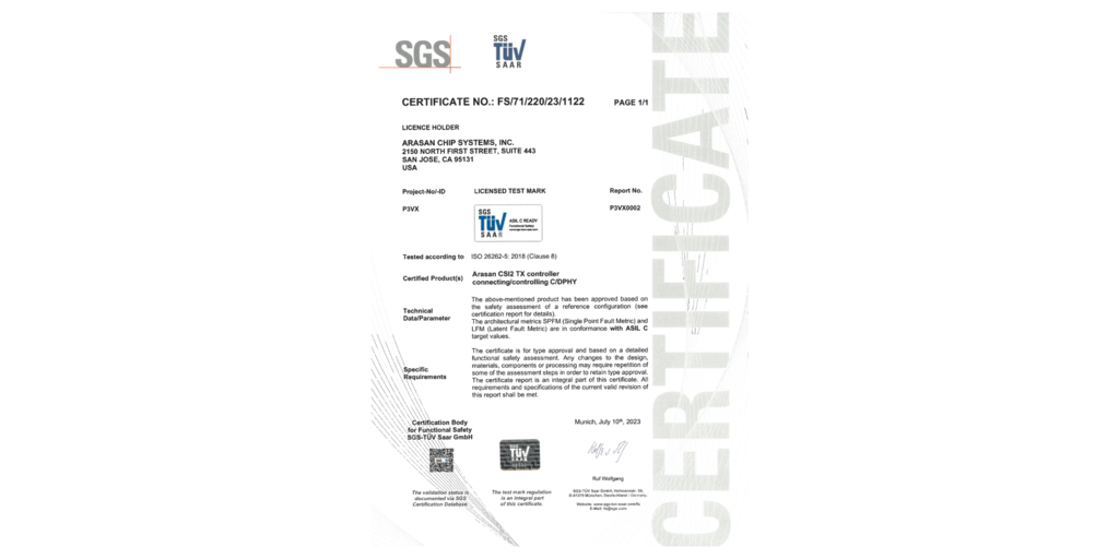 アラサンのCSI・C-PHY準拠トータルMIPIカメラIPソリューション、ISO26262認証を取得