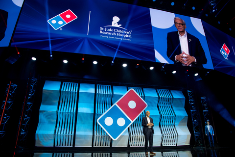 Richard C. Shadyac Jr., President and CEO of ALSAC, the fundraising and awareness organization for St. Jude Children's Research Hospital, addresses more than 9000 Domino's franchisees and their team members May 8, 2024, during the 2024 Domino's World Wide Rally in Las Vegas. (Photo: Business Wire)