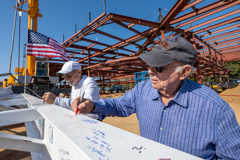 Charlie (l) and Mike (r) Kaplan sign the Friendship Campus: The Greenberg Family/Skechers Center final beam celebrating the end of structural framing on May 8, 2024. The brothers announced a $20 million contribution toward the $30 million Endowment Fund created to help with operating expenses when the Campus opens in late 2025. (Photo: Business Wire)
