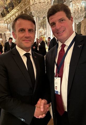 original Dr. Robert Miller, Founder and CEO of Skydweller Aero, with French President Emmanuel Macron May 13, 2024 at Choose France 2024, Château de Versailles, France. (Photo: Business Wire)