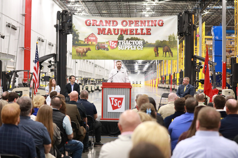 Cody Ritchson, general manager of Tractor Supply's Maumelle Distribution Center, addresses the audience during the grand opening event. From left to right, Ritchson is accompanied on stage by Arkansas Governor Sarah Huckabee Sanders, Tractor Supply CEO Hal Lawton and Maumelle Mayor Caleb Norris. (Photo: Business Wire)