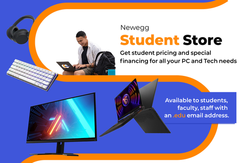 Newegg opened an online Student Store with curated products for recent college graduates, students, faculty and staff with a .edu email address to get essential gear for less. (Graphic: Newegg)