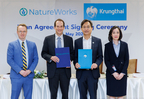 Executives from NatureWorks and Krungthai Bank PCL finalized new financing for NatureWorks’ new fully-integrated Ingeo PLA manufacturing facility in Thailand which is on track to open in 2025. Pictured from left: Roger Kempa, Interim CFO, NatureWorks; Erik Ripple, President & CEO, NatureWorks; Suratun Kongton, Chief Wholesale Banking Officer, Krungthai Bank; Saranya Assamongkol, EVP, Sector Head, Corporate Banking Sector 7, Krungthai Bank (Photo: Business Wire)