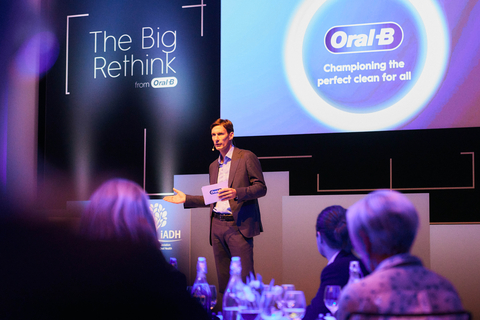 Benjamin Binot, P&G Europe Oral Care Senior Vice President, announcing the launch of the Disability Champions Awards Programme and previewing the new iO2 toothbrush at Oral-B's 'Championing the Perfect Clean for All' event in Amsterdam. (Photo: Business Wire)