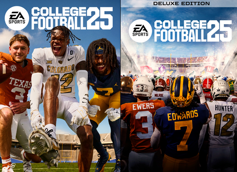 Donovan Edwards, Quinn Ewers & Travis Hunter star on the Standard and Deluxe Edition of College Football 25. (Graphic: Business Wire)