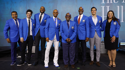 Event host and Boys & Girls Club alum, John Quiñones, joins 2024 Alumni Hall of Fame inductees (L-R) William Joseph, Andre Iguodala, Ronnie DeVoe, Al Roker, Fred McGriff, Will Reeve and Alyse Eady on stage at Boys & Girls Clubs of America’s Alumni Hall of Fame Induction Ceremony on Thursday, May 16, 2024 in Atlanta. (Todd Kirkland/AP Content Services for Boys & Girls Clubs of America)