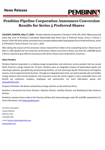 Pembina Pipeline Corporation Announces Conversion Results for Series 5 Preferred Shares