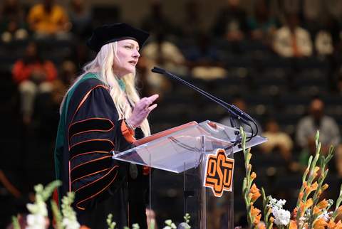 Dr. Kayse Shrum, President of Oklahoma State University, makes remarks during the OSU Center for Health Sciences College of Osteopathic Medicine commencement ceremony in Tulsa, Okla., on Thursday, May 16, 2024 (Photo: Business Wire)