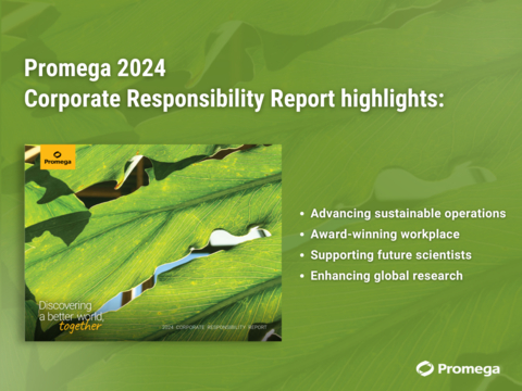 Promega Corporation's 2024 Corporate Responsibility Report details the company's efforts in sustainable operations, employee wellbeing, support for future scientists and global research enhancement. The Wisconsin-based biotechnology manufacturer now sources 75% of its electricity from renewable sources. The report also includes environmental data, key initiative summaries and information on the company's alignment with the United Nations Sustainable Development Goals. (Graphic: Business Wire)