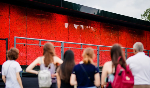 Visitors observe the USAA Poppy Wall of Honor. (Photo: Business Wire)