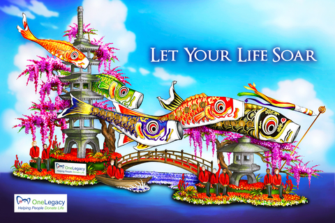 The 2025 OneLegacy Donate Life Rose Parade float's theme, "Let Your Life Soar" is inspired by the beloved Japanese celebration of Children's Day and features traditional koinobori, or flying fish windsocks. (Graphic: OneLegacy)