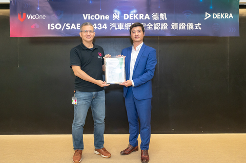Aaron Lee (right), Managing Director of DEKRA Taiwan, presenting the ISO/SAE 21434 certificate to Max Cheng (left), CEO of VicOne. (Photo: Business Wire)