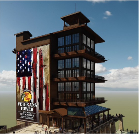 Inspired by historic national park and forest service fire and wildlife viewing towers, Johnny created the extraordinary new 120-foot “Veterans Tower” as a tribute to all veterans and especially his father, John A. Morris, a decorated WWII veteran who served in the Battle of the Bulge. (Graphic: Business Wire)