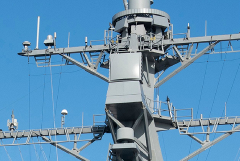 AN/SPQ-9B radar mounted on U.S. Navy ship. Leonardo DRS announced that it was awarded a contract from NAVSEA to provide AN/SPQ-9B radar design agent and engineering services. (Photo: Business Wire)
