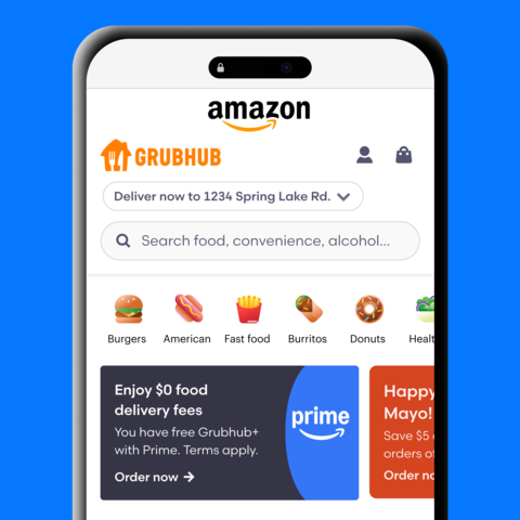 Prime members get free Grubhub+, and Amazon customers can order Grubhub on Amazon.com and in the Amazon Shopping app. (Photo: Business Wire)